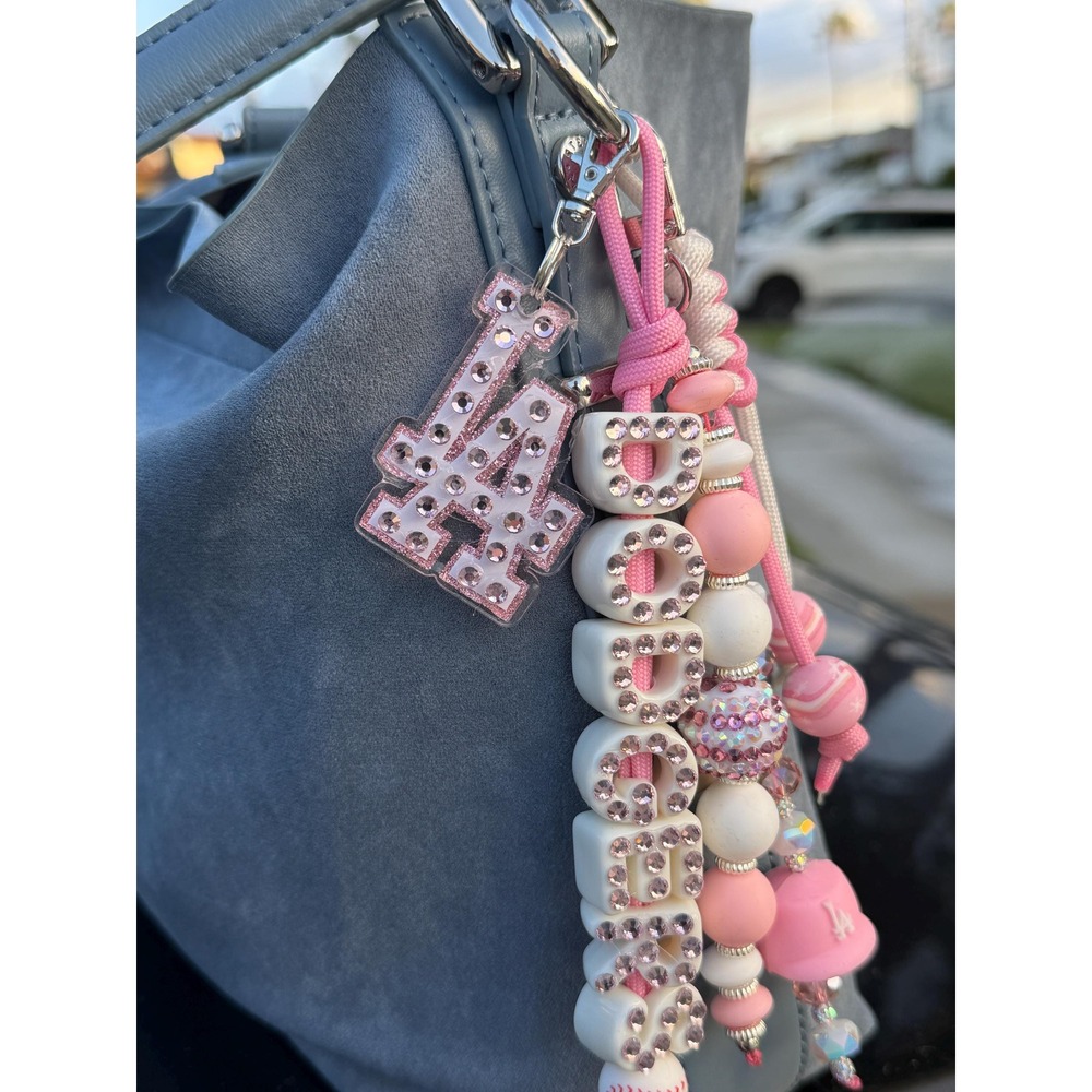 Pink LA Bseball Beaded Keychain, Cute Bag Charm, Handmade Keychain, Soft Chaos - Picture 2 of 3